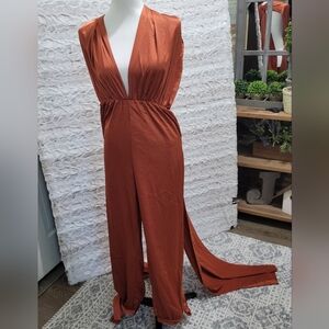 Ricarica Terracotta Jumpsuit With Infinity Drape Plunge Neck Wrap, Womens Sz L